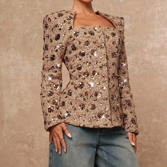 Khaki Elegant Women's Sequin Embroidered Hollow Out Cinched Tweed Blazer - Picture 4 of 8